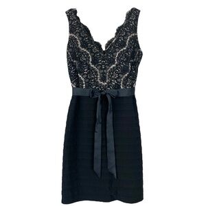 Vtg Stenay Scalloped Lace Crochet Bow Tiered Cocktail Dress Black Beige Size 10